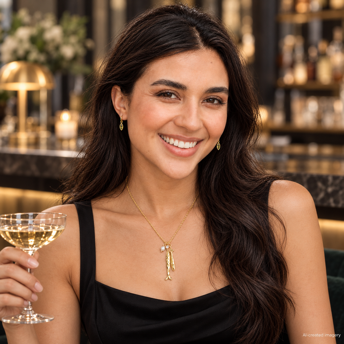 Beautiful model wearing Peridot Single Drop earrings and a gold fish necklace with a black dress, holding a cocktail.