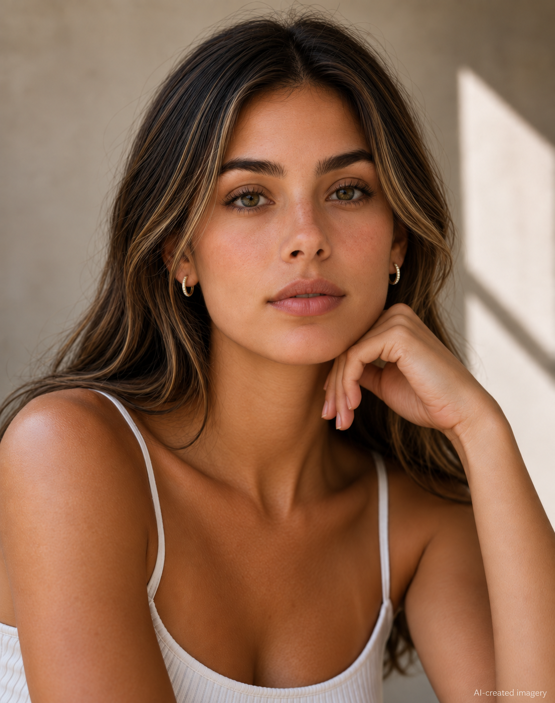 Model facing forward wearing delicate gold Petite Fine Sleeper earrings with clear zirconias and a white ribbed top.