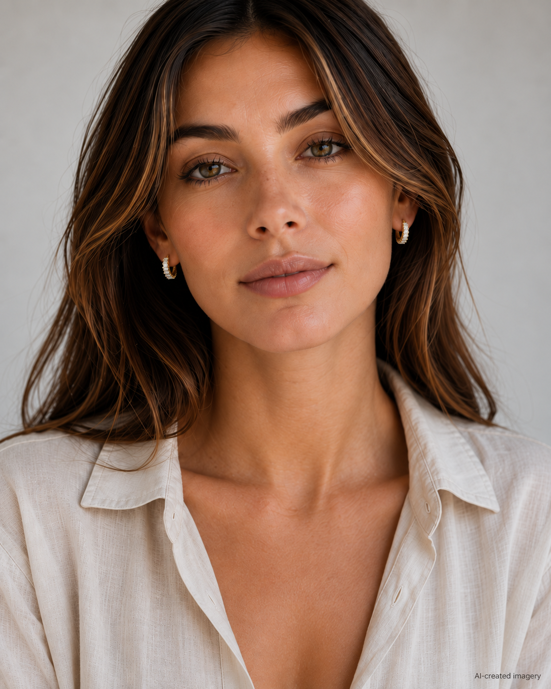 AI-created portrait of a brunette wearing petite gold Marquise Sleepers with clear zirconias and a white linen shirt.