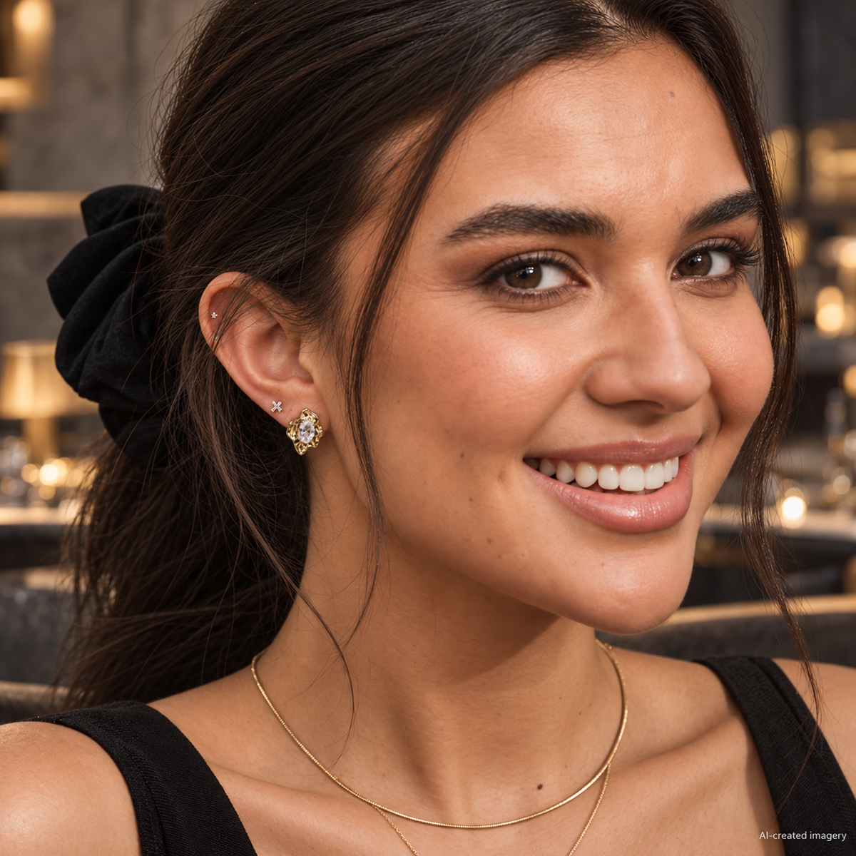 AI-edited portrait of a smiling brunette wearing Rough Diamond Stud Earrings, layered gold necklaces and a black dress.
