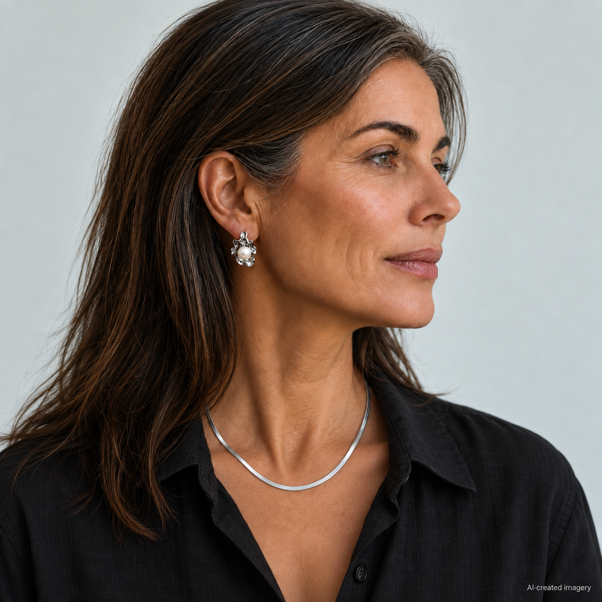 Older model wearing a silver herringbone necklace with an open black shirt and silver pearl earrings.