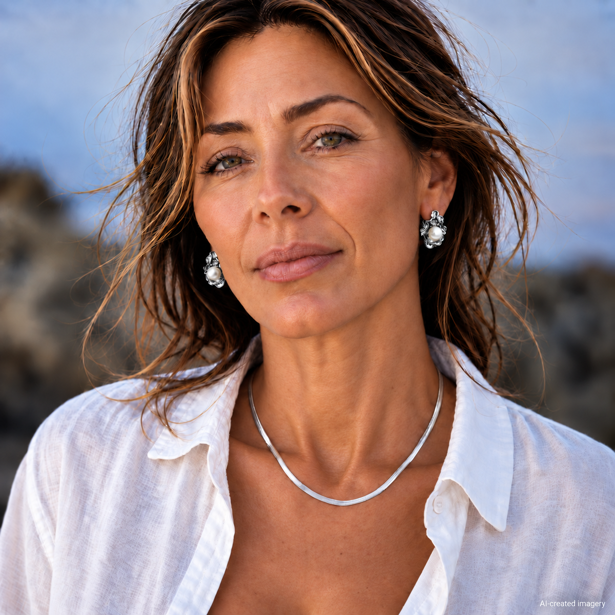 AI-created model wearing a silver herringbone necklace with an open white linen shirt and silver pearl earrings.