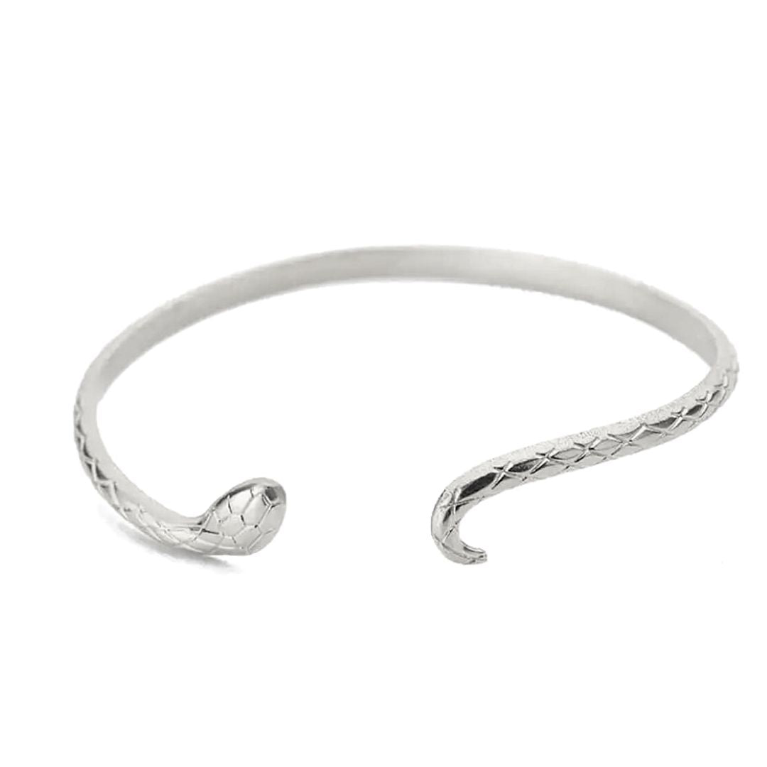 Petite silver snake cuff bracelet with textured scale detailing and sculptural serpent ends.
