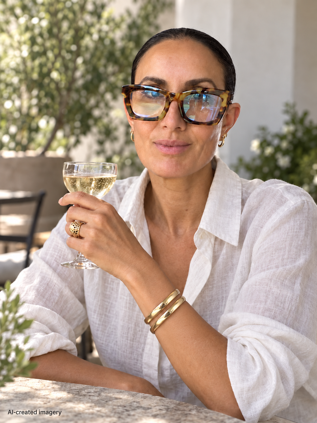 Model in white linen and tortoiseshell glasses wearing two polished gold bangles while holding a stemmed glass.