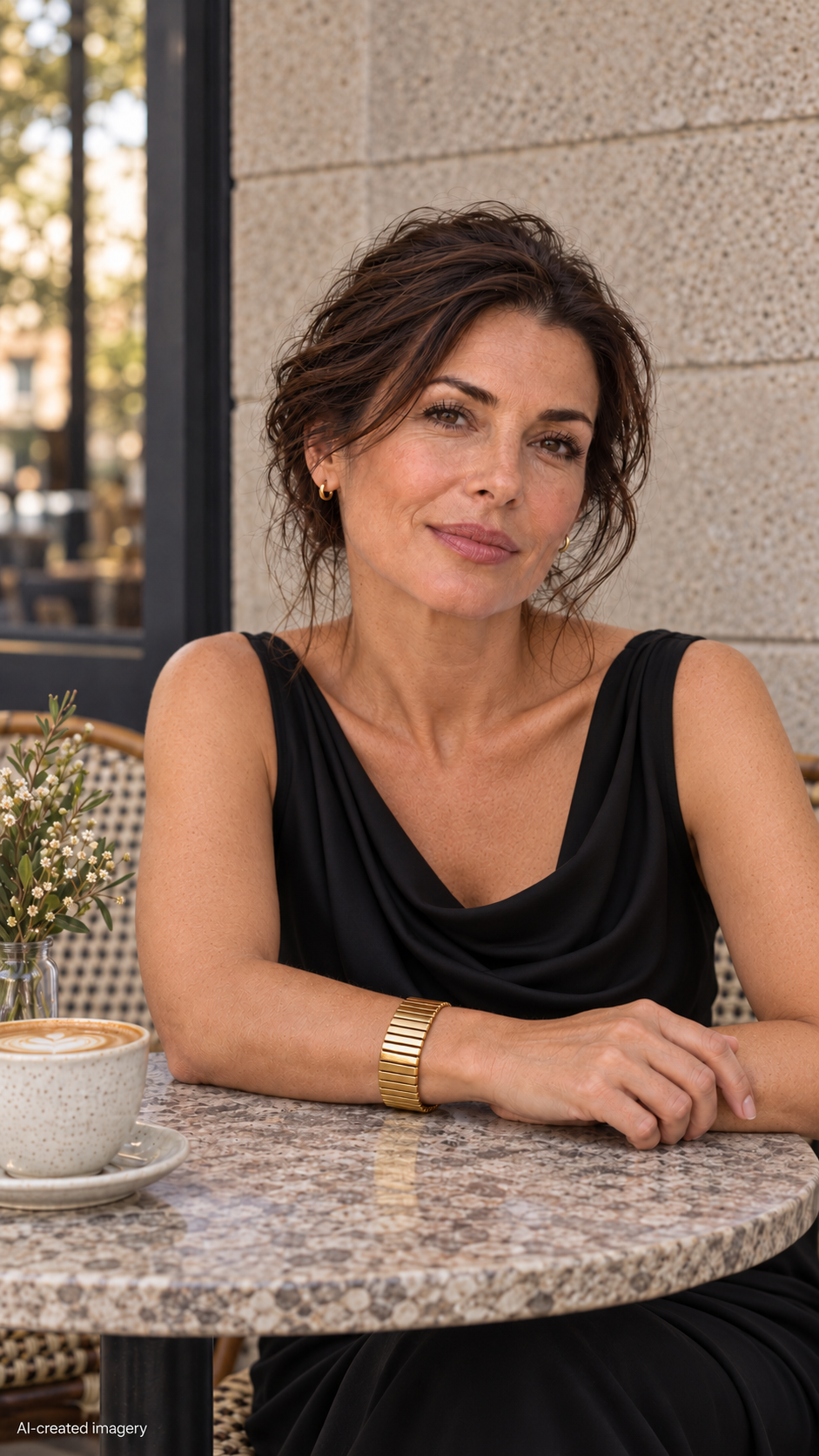 Gold Thick Flexi Bracelet with polished rectangular links, worn alone by a model in a black evening dress, resting her forearms on a stone café table sitting at an outdoor cafe table with a coffee cup on the table in front of her.