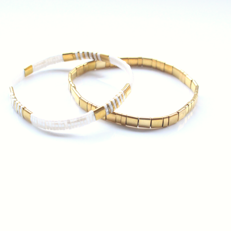 Glass Bead Bracelets Duo White + Gold