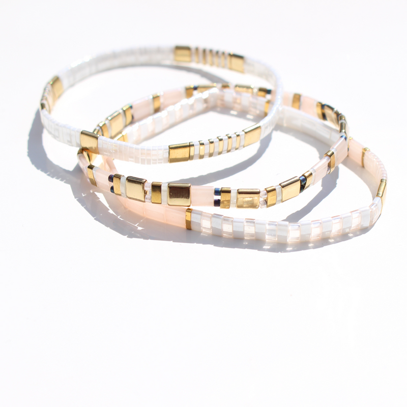 Glass Bead Bracelets Blush, White + Gold Trio