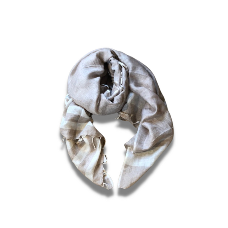 Scarf | Tassel Linen in Golden Beige with Cream Line Detail